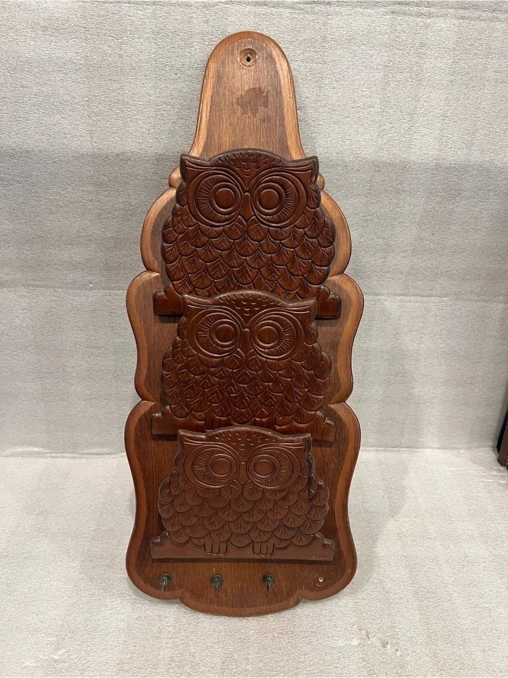 Vtg MCM Wooden Owls Mail Letter Holder Keys Organizer BOHO 19x8